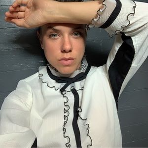 VINTAGE 1960s Mod Black & White Ruffle Top Blouse